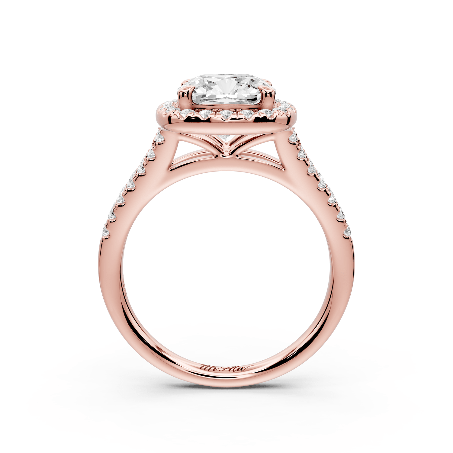Gabrielle - 2ct 18k rose gold cushion Diamond Graduated Halo Pavé Split Shank Engagement Ring - Mr. Alex Jewelry