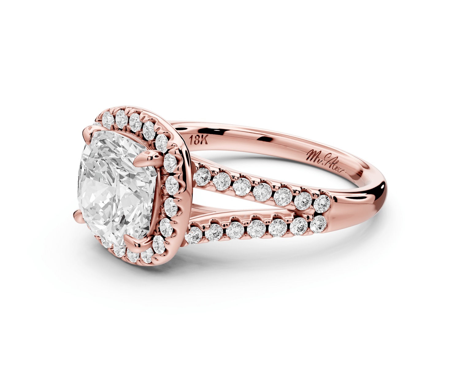 Gabrielle - 2ct 18k rose gold cushion Diamond Graduated Halo Pavé Split Shank Engagement Ring - Mr. Alex Jewelry
