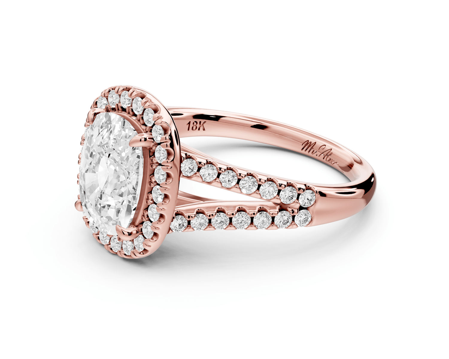 Gabrielle - 2ct 18k rose gold ecushion Diamond Graduated Halo Pavé Split Shank Engagement Ring - Mr. Alex Jewelry