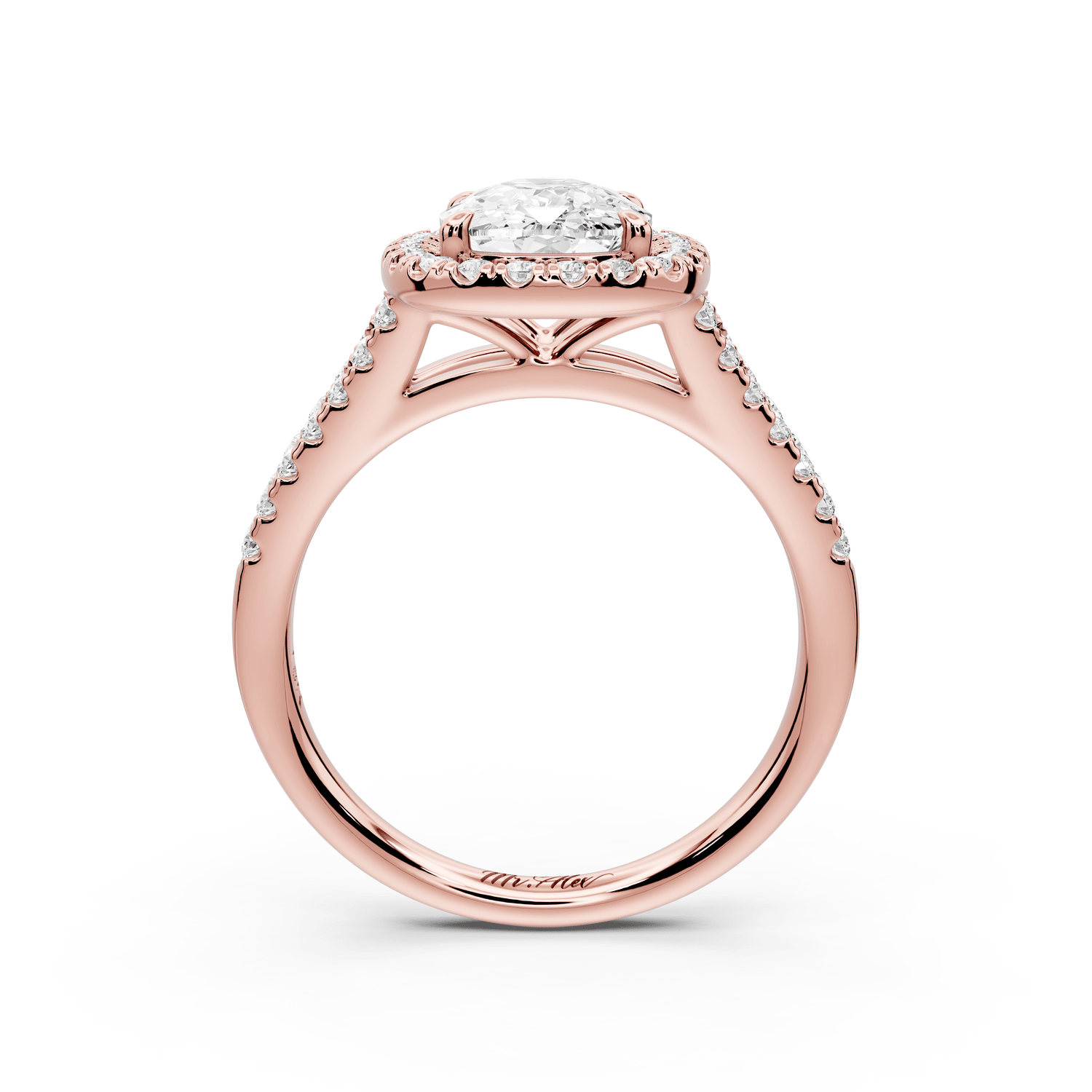 Gabrielle - 2ct 18k rose gold ecushion Diamond Graduated Halo Pavé Split Shank Engagement Ring - Mr. Alex Jewelry