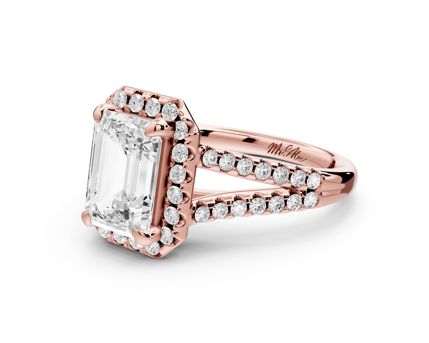 Gabrielle - 2ct 18k rose gold emerald Diamond Graduated Halo Pavé Split Shank Engagement Ring - Mr. Alex Jewelry