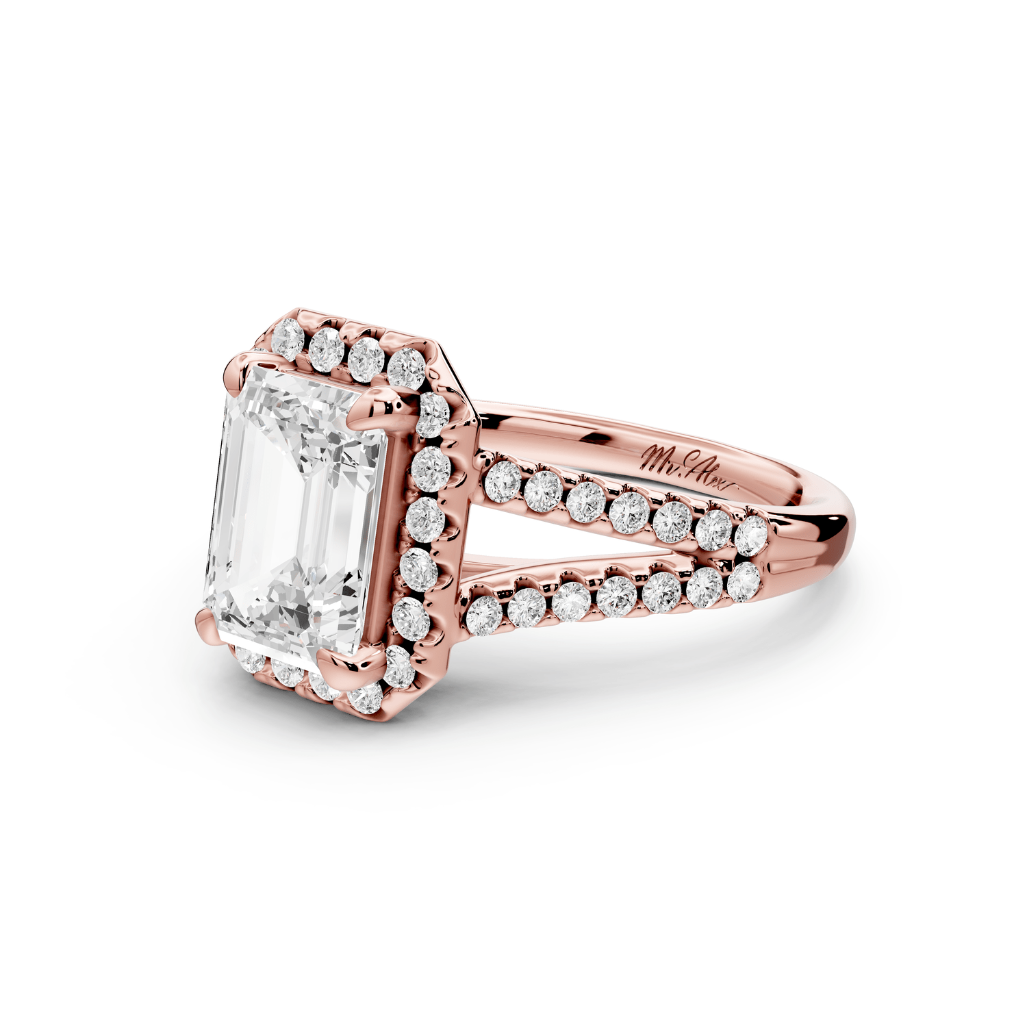 Gabrielle - 2ct 18k rose gold emerald Diamond Graduated Halo Pavé Split Shank Engagement Ring - Mr. Alex Jewelry