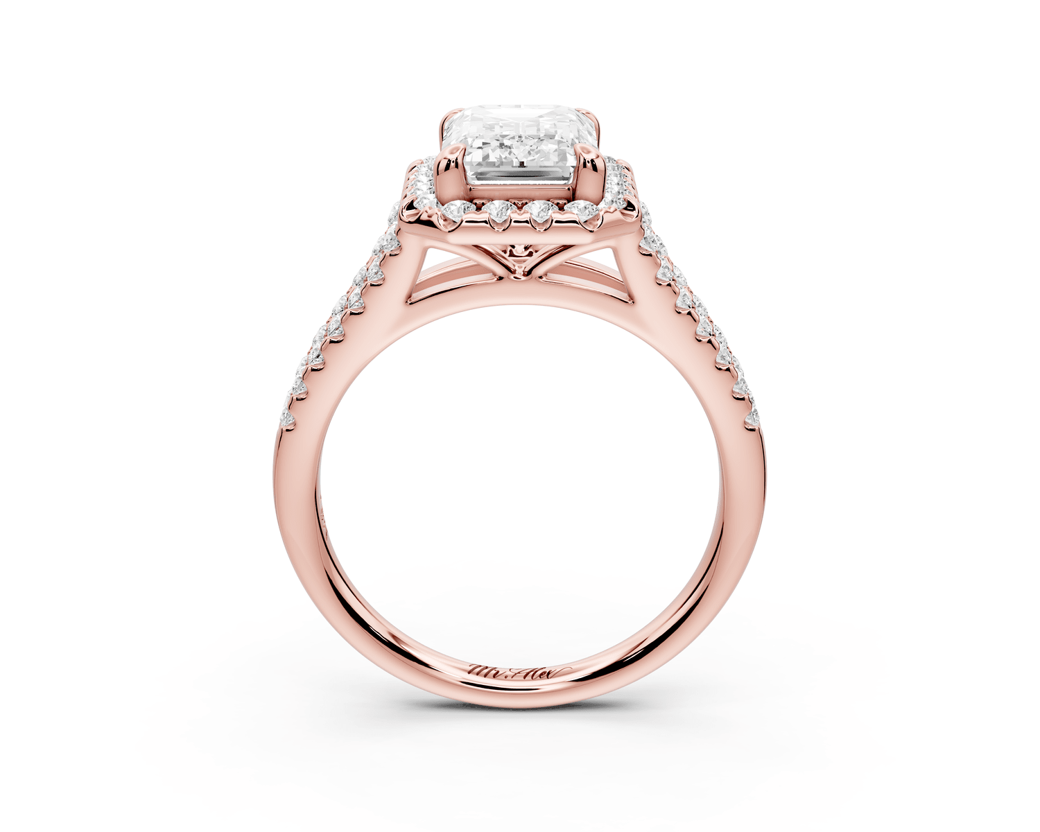 Gabrielle - 2ct 18k rose gold emerald Diamond Graduated Halo Pavé Split Shank Engagement Ring - Mr. Alex Jewelry