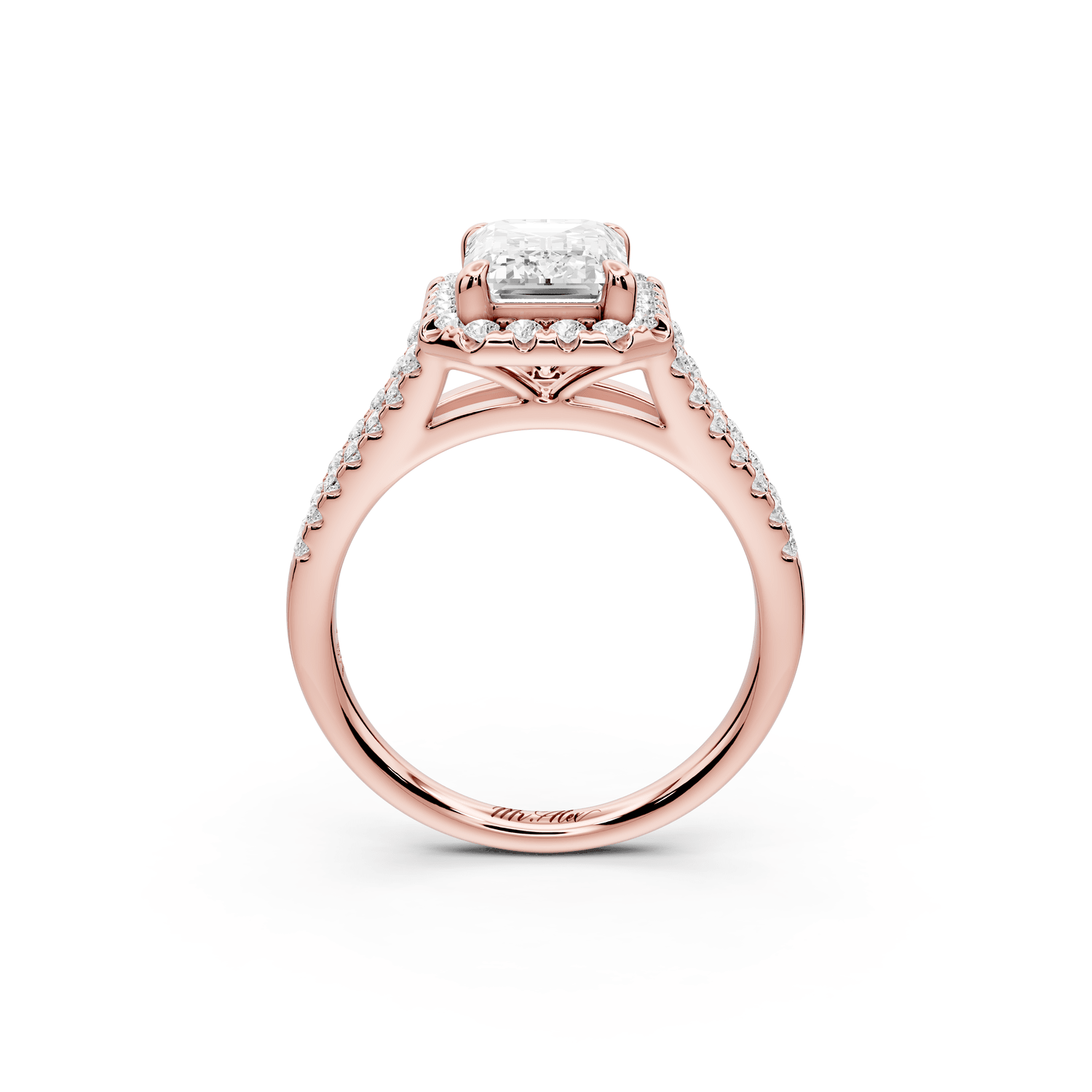 Gabrielle - 2ct 18k rose gold emerald Diamond Graduated Halo Pavé Split Shank Engagement Ring - Mr. Alex Jewelry