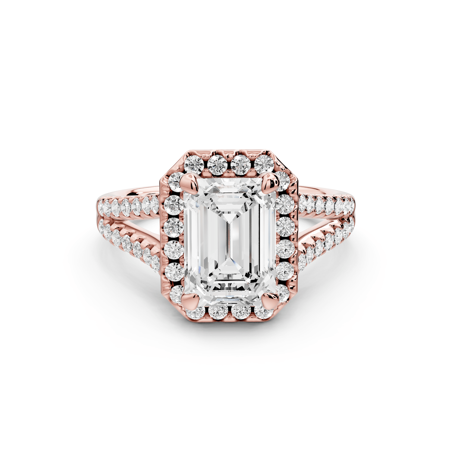 Gabrielle - 2ct 18k rose gold emerald Diamond Graduated Halo Pavé Split Shank Engagement Ring - Mr. Alex Jewelry