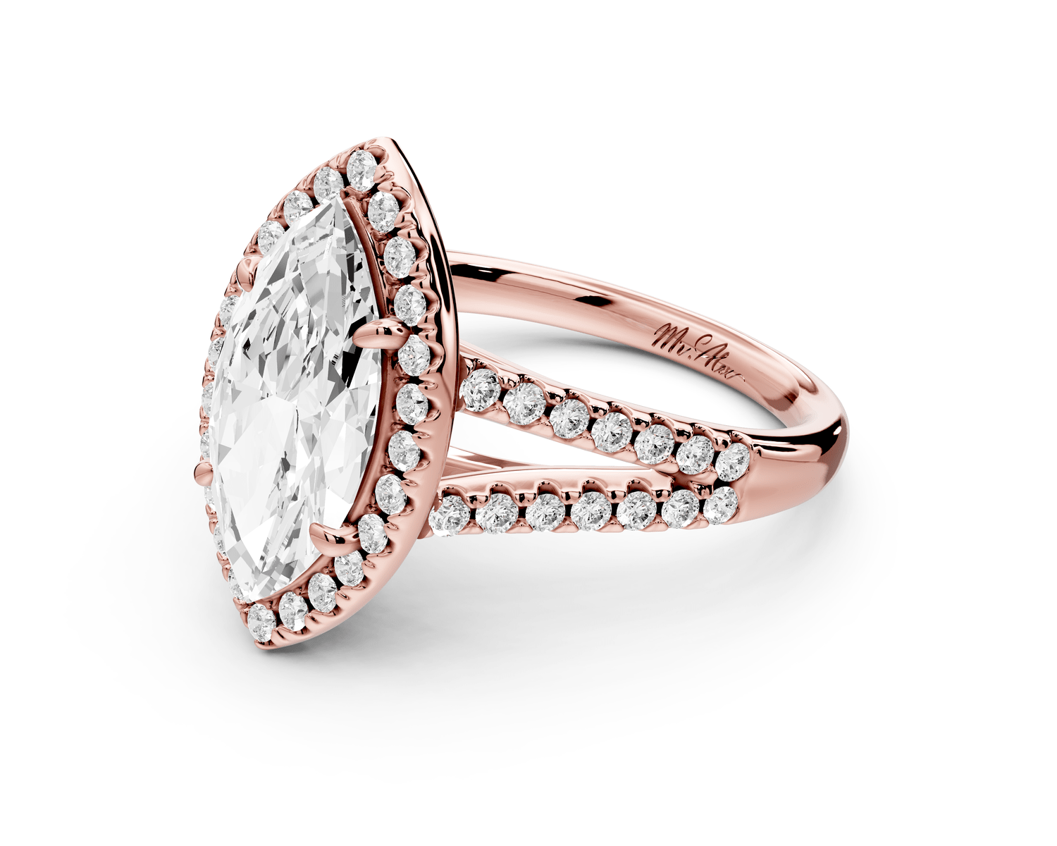 Gabrielle - 2ct 18k rose gold marquise Diamond Graduated Halo Pavé Split Shank Engagement Ring - Mr. Alex Jewelry