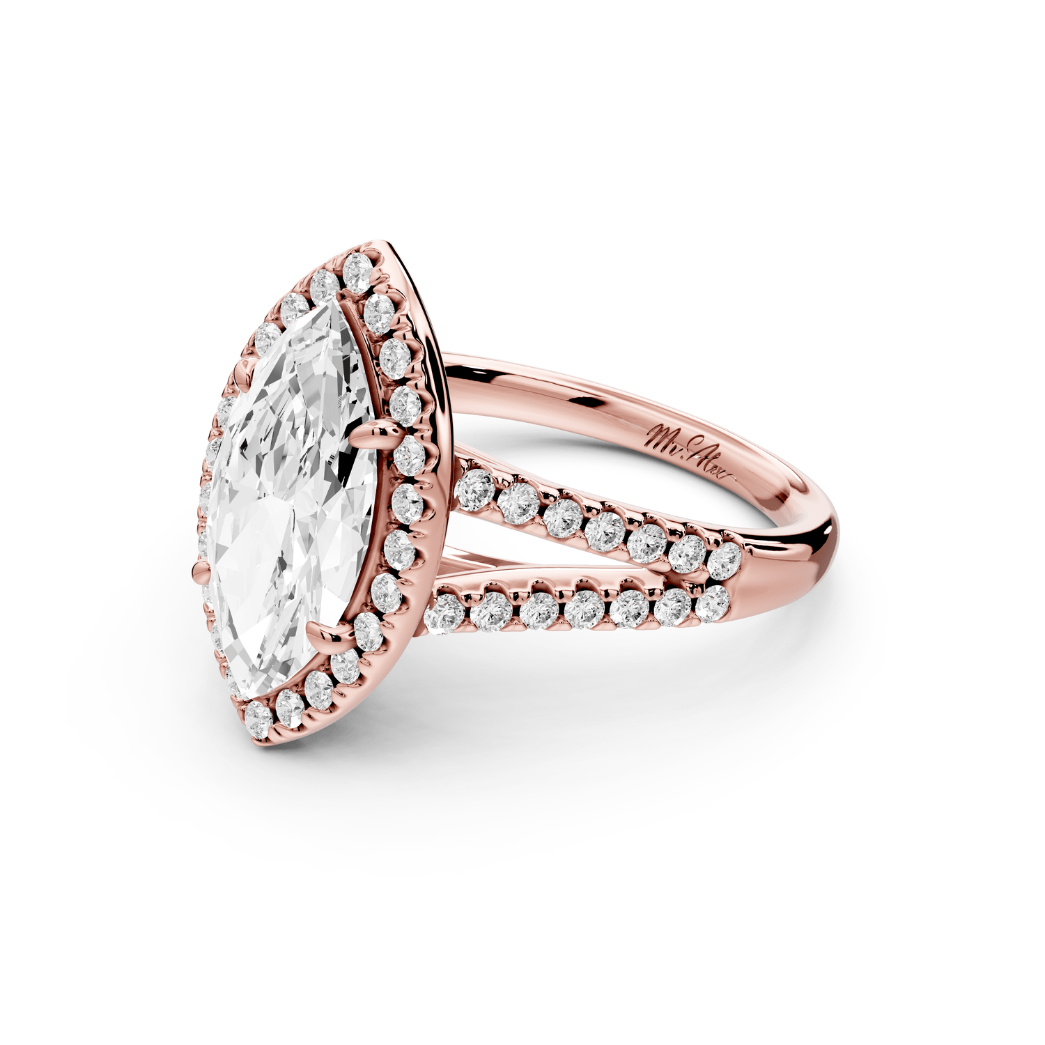 Gabrielle - 2ct 18k rose gold marquise Diamond Graduated Halo Pavé Split Shank Engagement Ring - Mr. Alex Jewelry
