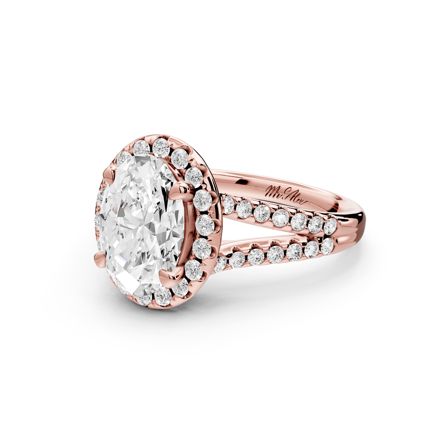 Gabrielle - 2ct 18k rose gold oval Diamond Graduated Halo Pavé Split Shank Engagement Ring - Mr. Alex Jewelry