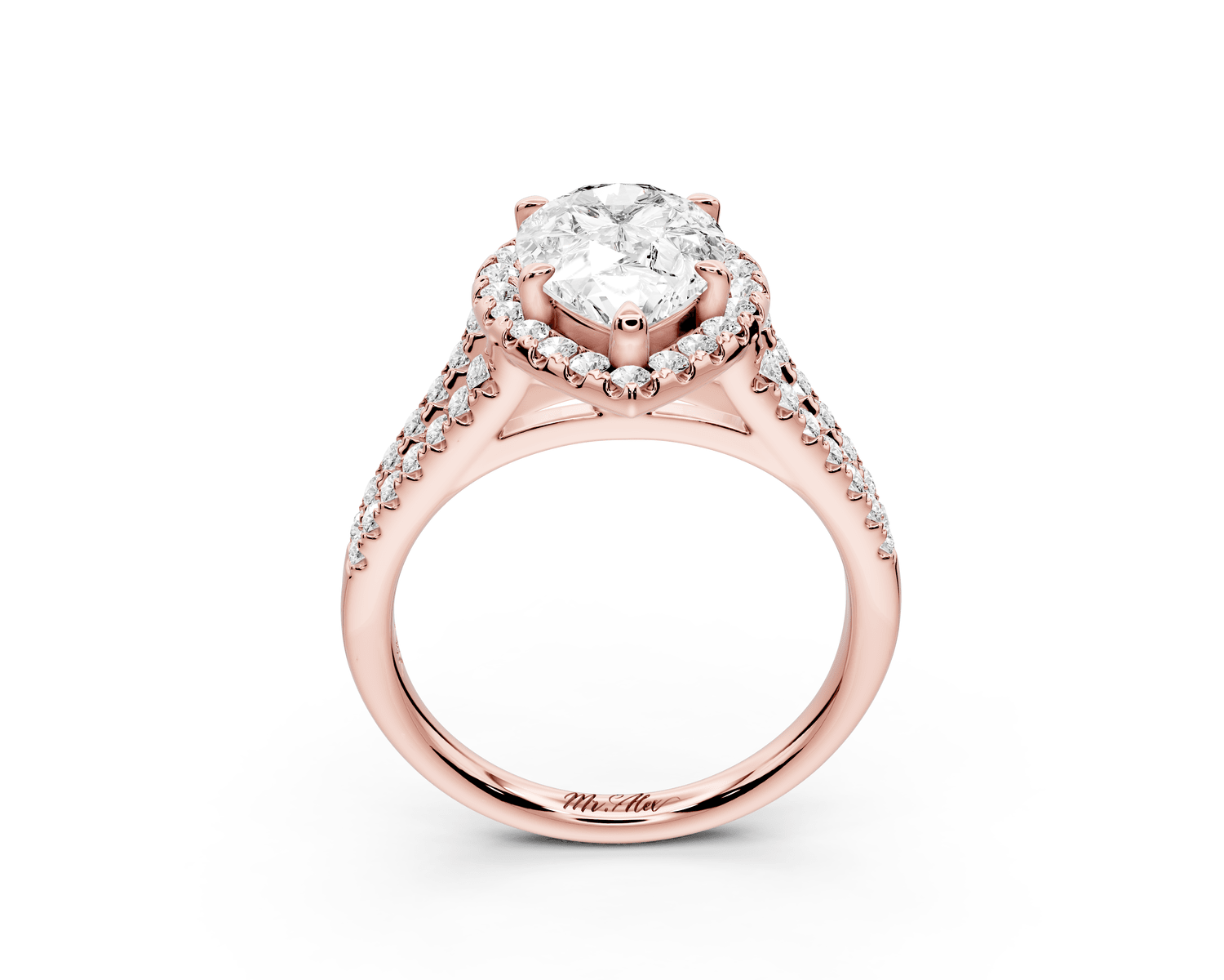 Gabrielle - 2ct 18k rose gold pear Diamond Graduated Halo Pavé Split Shank Engagement Ring - Mr. Alex Jewelry