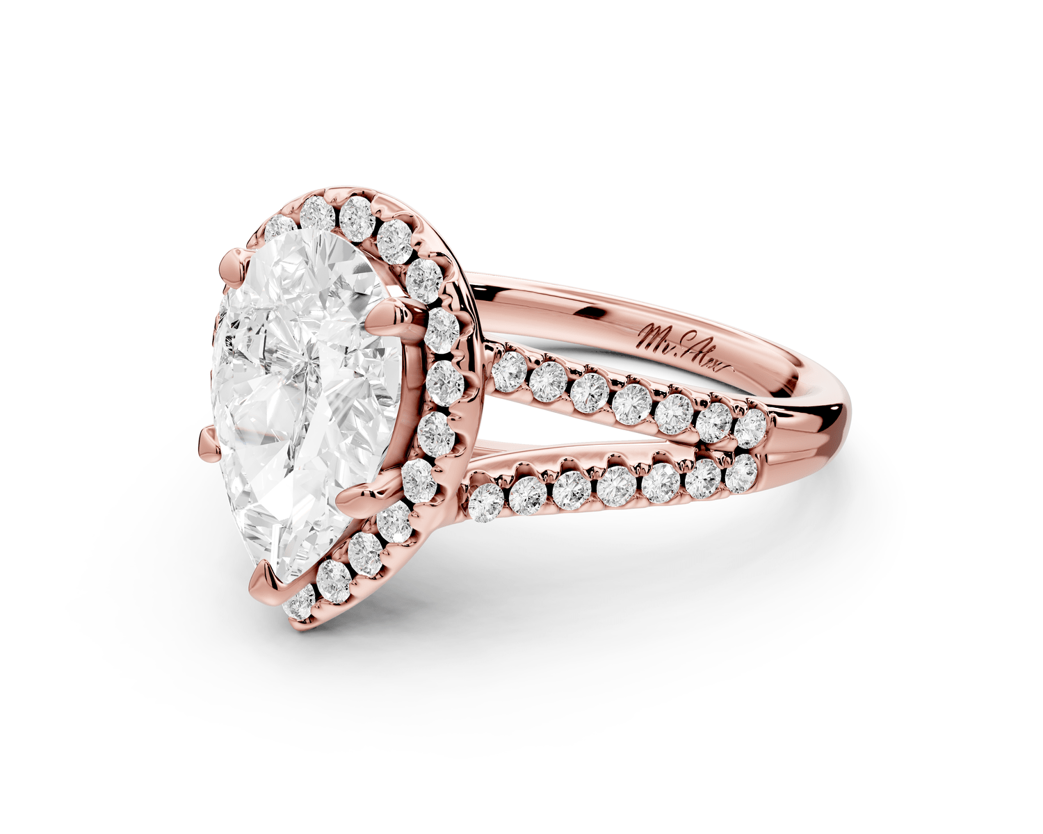 Gabrielle - 2ct 18k rose gold pear Diamond Graduated Halo Pavé Split Shank Engagement Ring - Mr. Alex Jewelry