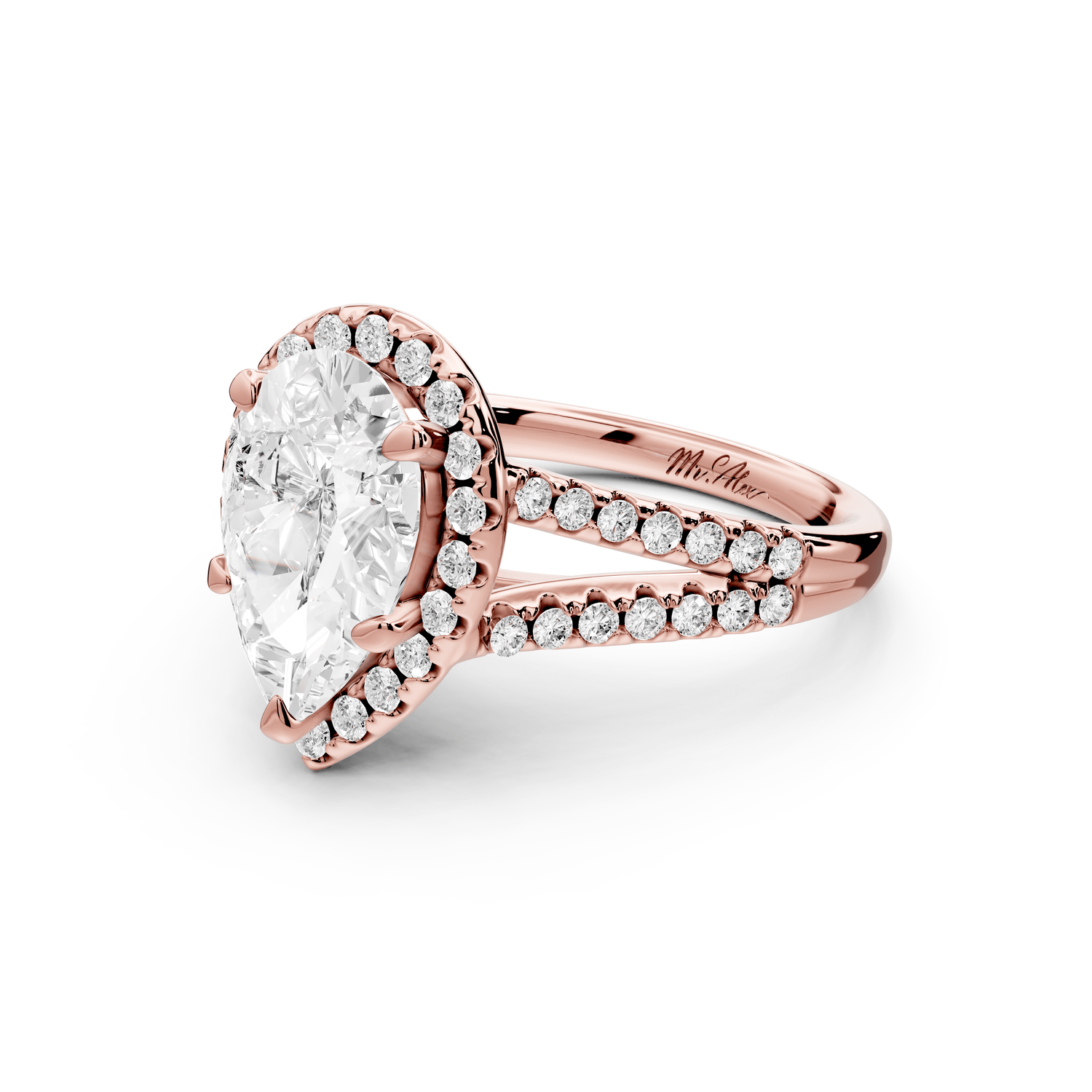 Gabrielle - 2ct 18k rose gold pear Diamond Graduated Halo Pavé Split Shank Engagement Ring - Mr. Alex Jewelry