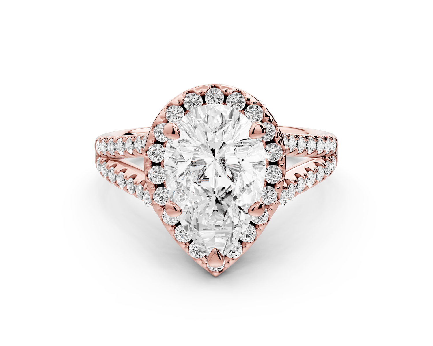 Gabrielle - 2ct 18k rose gold pear Diamond Graduated Halo Pavé Split Shank Engagement Ring - Mr. Alex Jewelry
