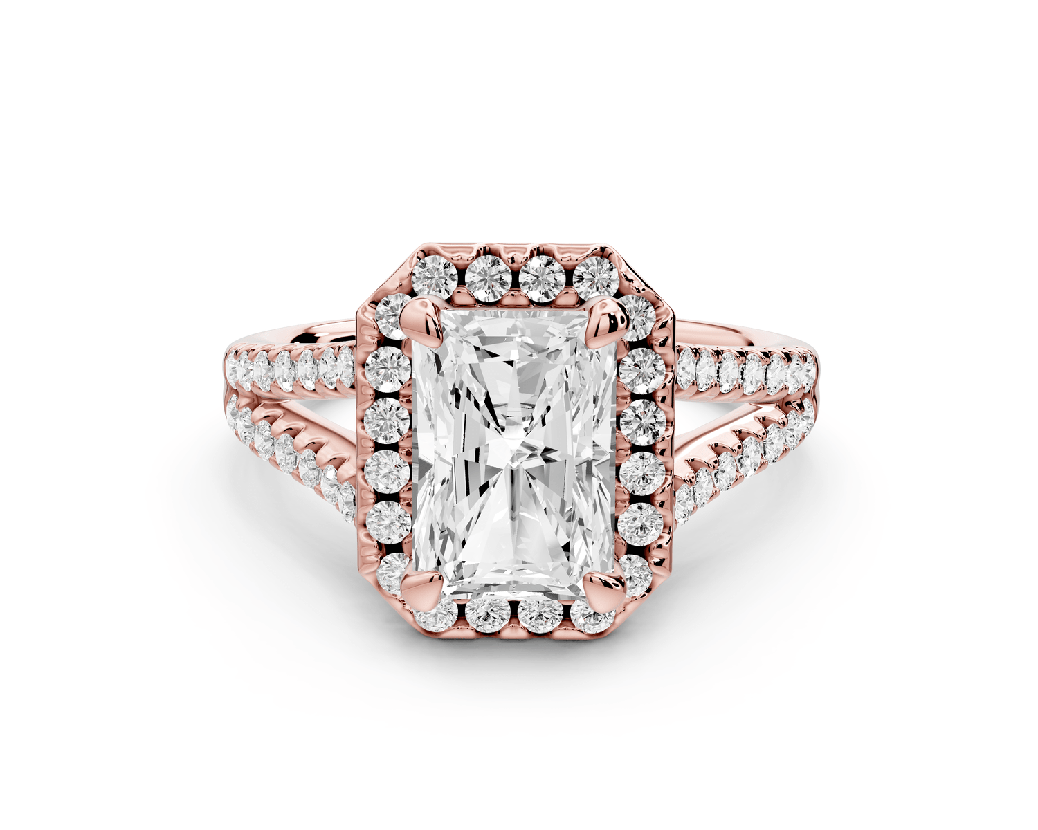 Gabrielle - 2ct 18k rose gold radiant Diamond Graduated Halo Pavé Split Shank Engagement Ring - Mr. Alex Jewelry