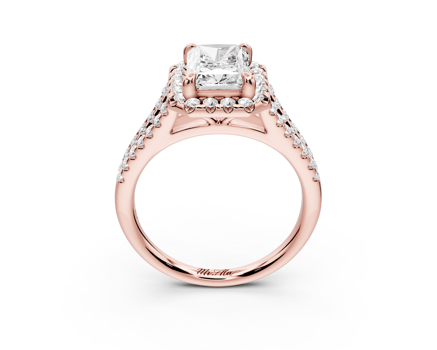 Gabrielle - 2ct 18k rose gold radiant Diamond Graduated Halo Pavé Split Shank Engagement Ring - Mr. Alex Jewelry