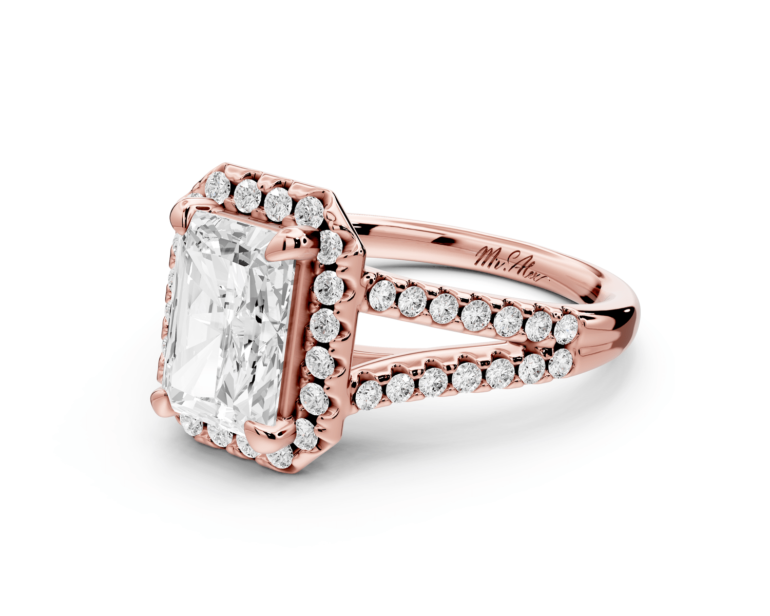 Gabrielle - 2ct 18k rose gold radiant Diamond Graduated Halo Pavé Split Shank Engagement Ring - Mr. Alex Jewelry