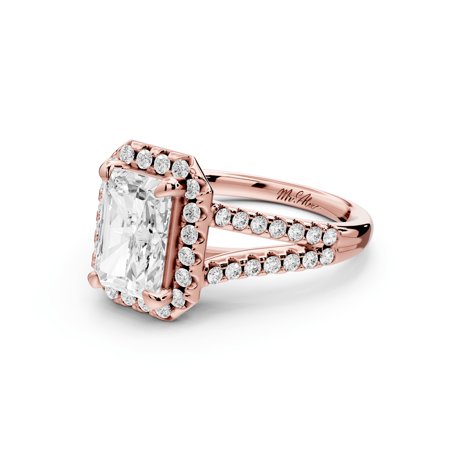 Gabrielle - 2ct 18k rose gold radiant Diamond Graduated Halo Pavé Split Shank Engagement Ring - Mr. Alex Jewelry