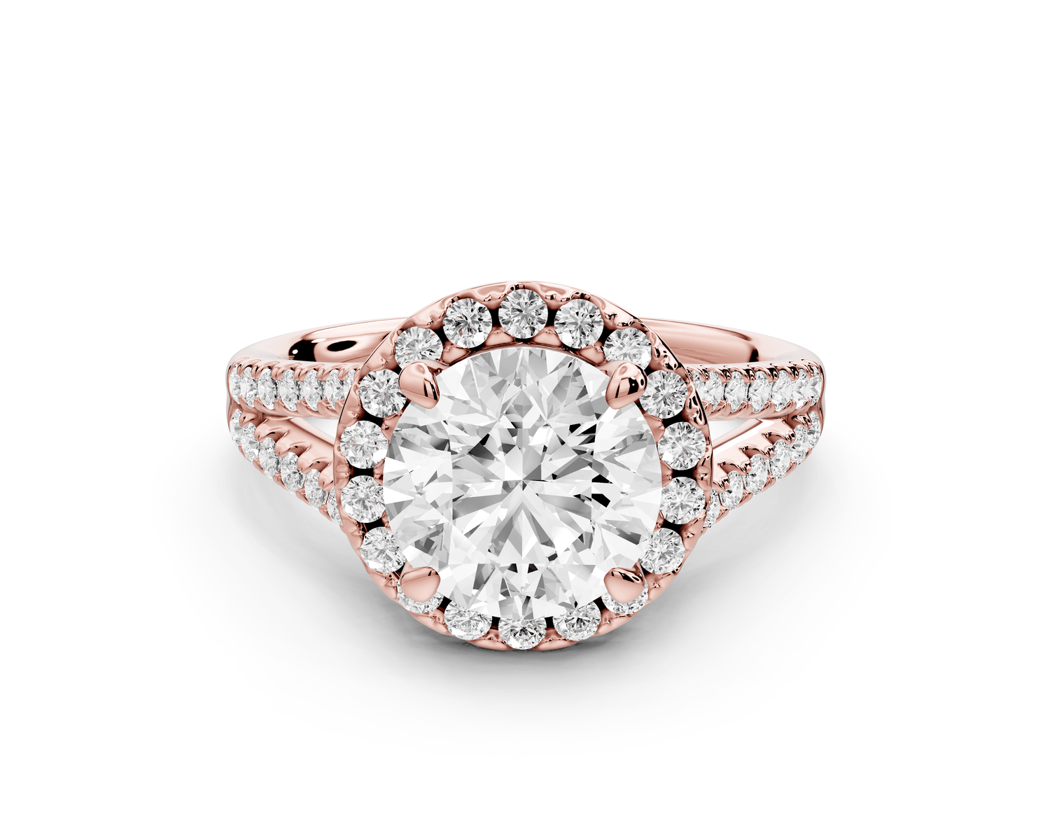 Gabrielle - 2ct 18k rose gold round Diamond Graduated Halo Pavé Split Shank Engagement Ring - Mr. Alex Jewelry