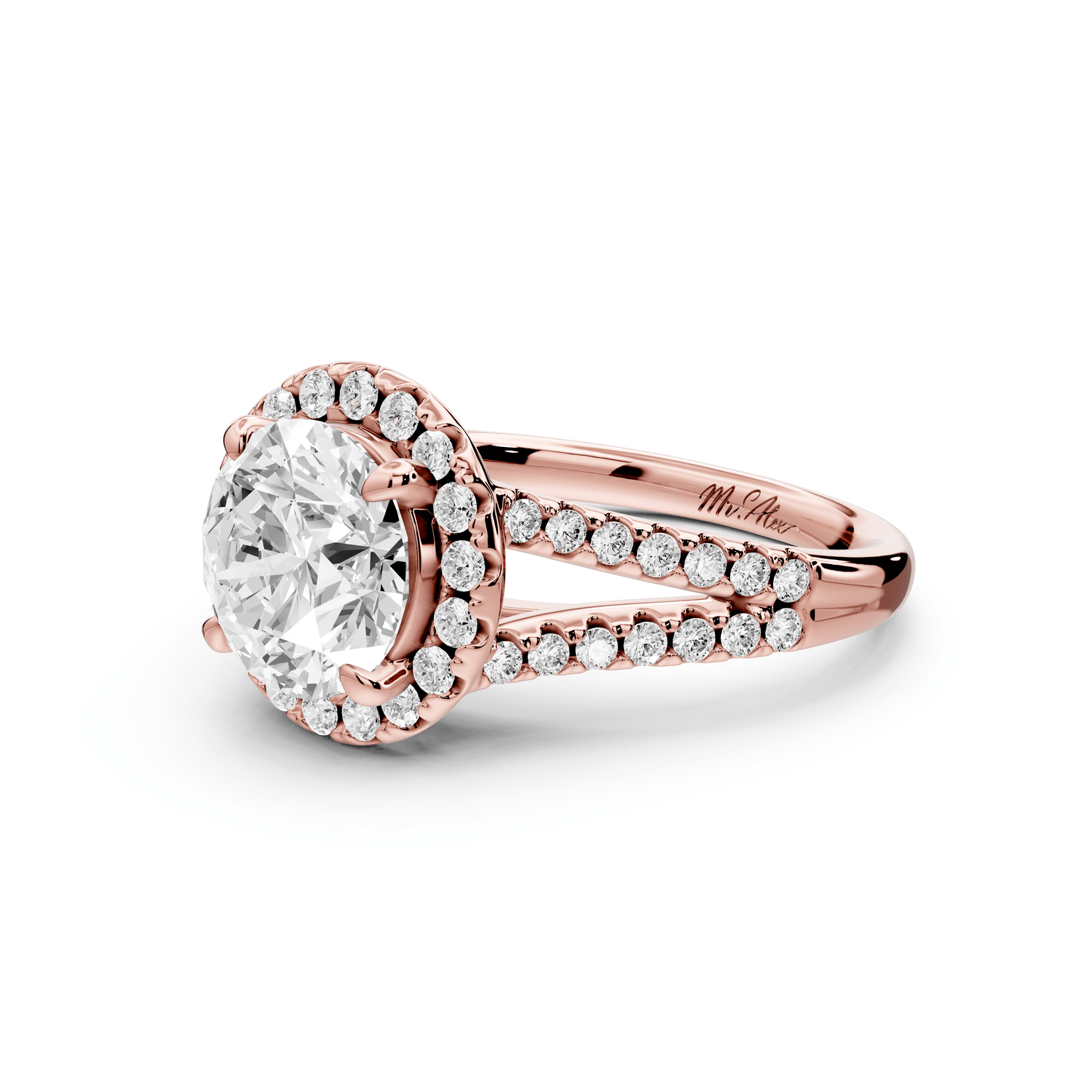 Gabrielle - 2ct 18k rose gold round Diamond Graduated Halo Pavé Split Shank Engagement Ring - Mr. Alex Jewelry