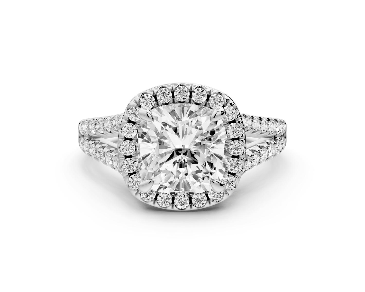 Gabrielle - 2ct 18k white gold cushion Diamond Graduated Halo Pavé Split Shank Engagement Ring - Mr. Alex Jewelry