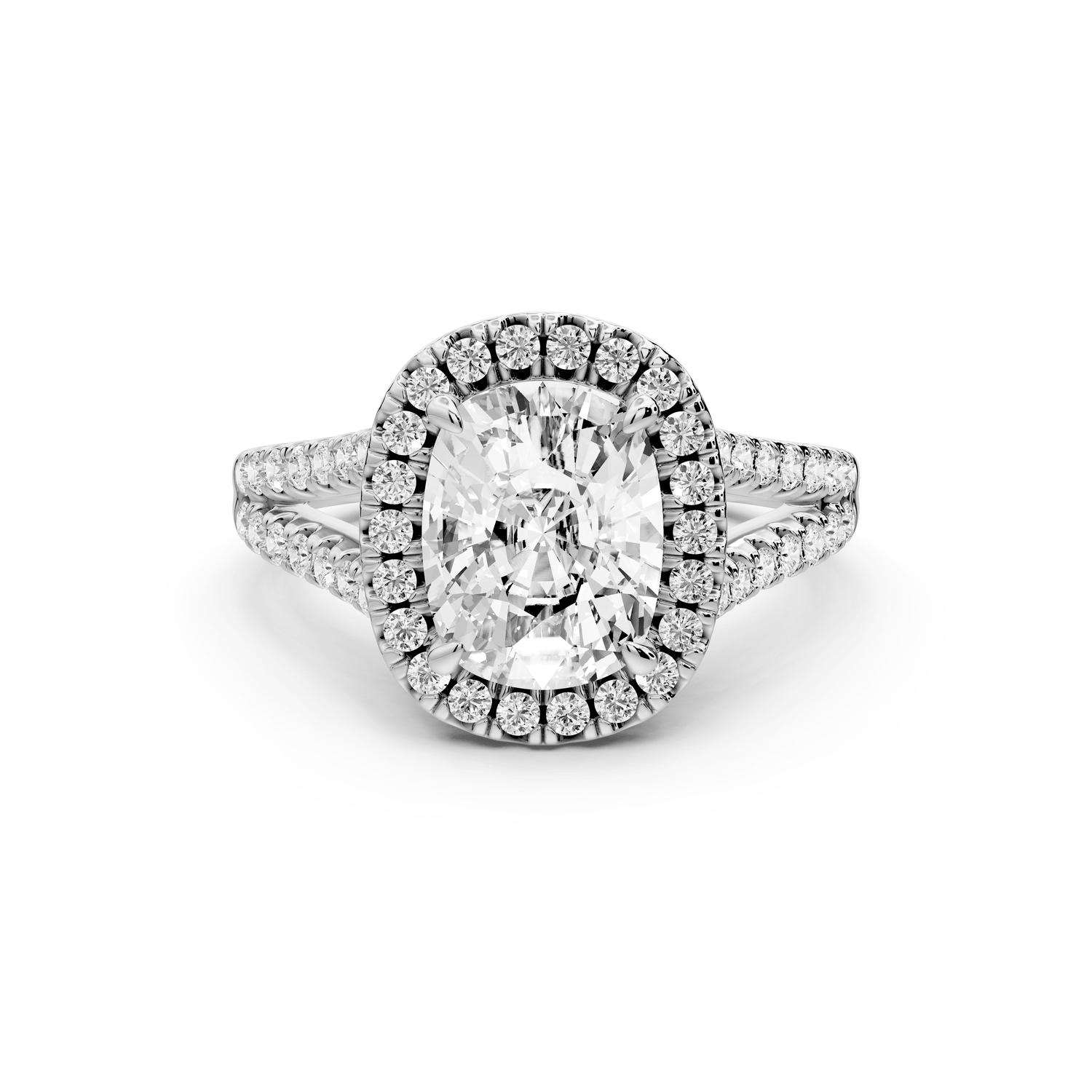 Gabrielle - 2ct 18k white gold ecushion Diamond Graduated Halo Pavé Split Shank Engagement Ring - Mr. Alex Jewelry