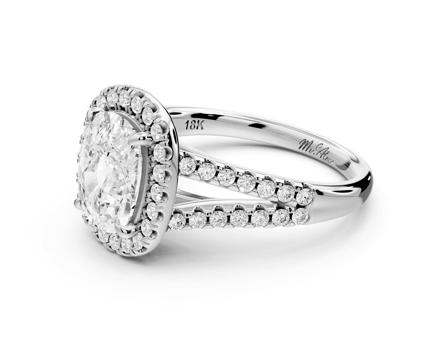 Gabrielle - 2ct 18k white gold ecushion Diamond Graduated Halo Pavé Split Shank Engagement Ring - Mr. Alex Jewelry