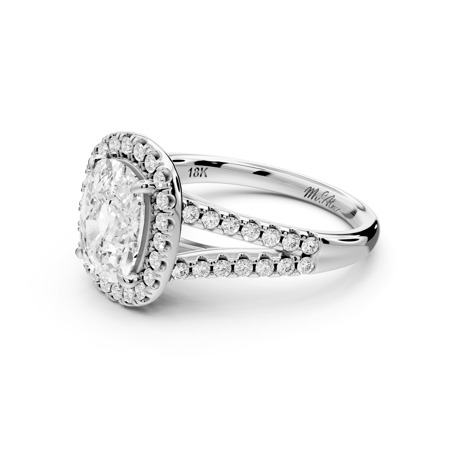 Gabrielle - 2ct 18k white gold ecushion Diamond Graduated Halo Pavé Split Shank Engagement Ring - Mr. Alex Jewelry
