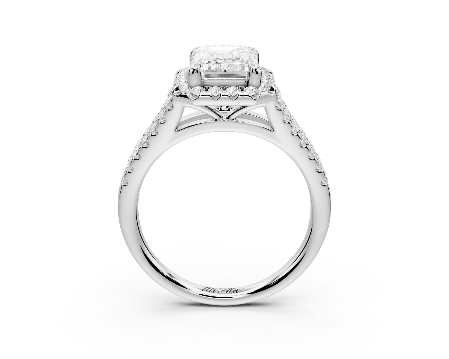 Gabrielle - 2ct 18k white gold emerald Diamond Graduated Halo Pavé Split Shank Engagement Ring - Mr. Alex Jewelry