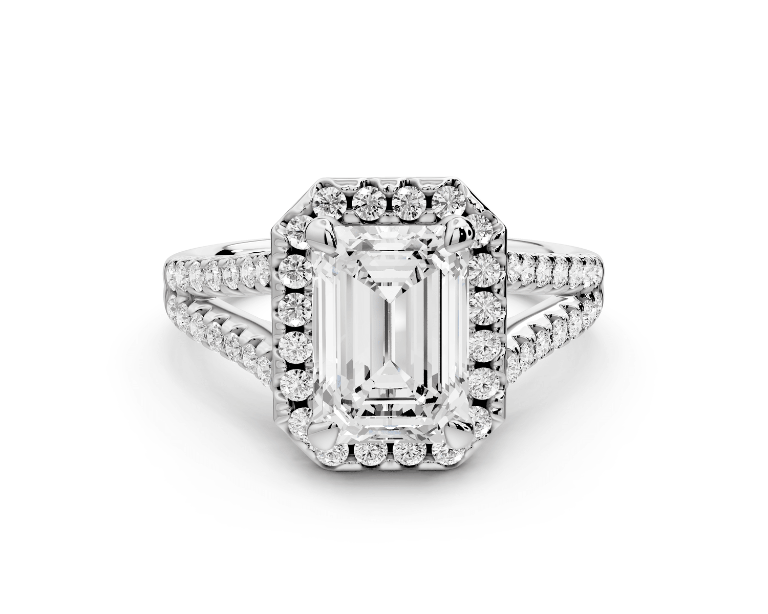 Gabrielle - 2ct 18k white gold emerald Diamond Graduated Halo Pavé Split Shank Engagement Ring - Mr. Alex Jewelry