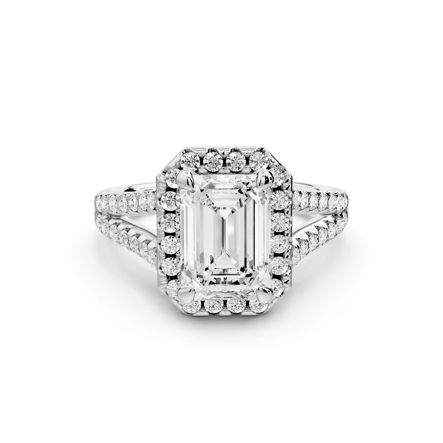 Gabrielle - 2ct 18k white gold emerald Diamond Graduated Halo Pavé Split Shank Engagement Ring - Mr. Alex Jewelry
