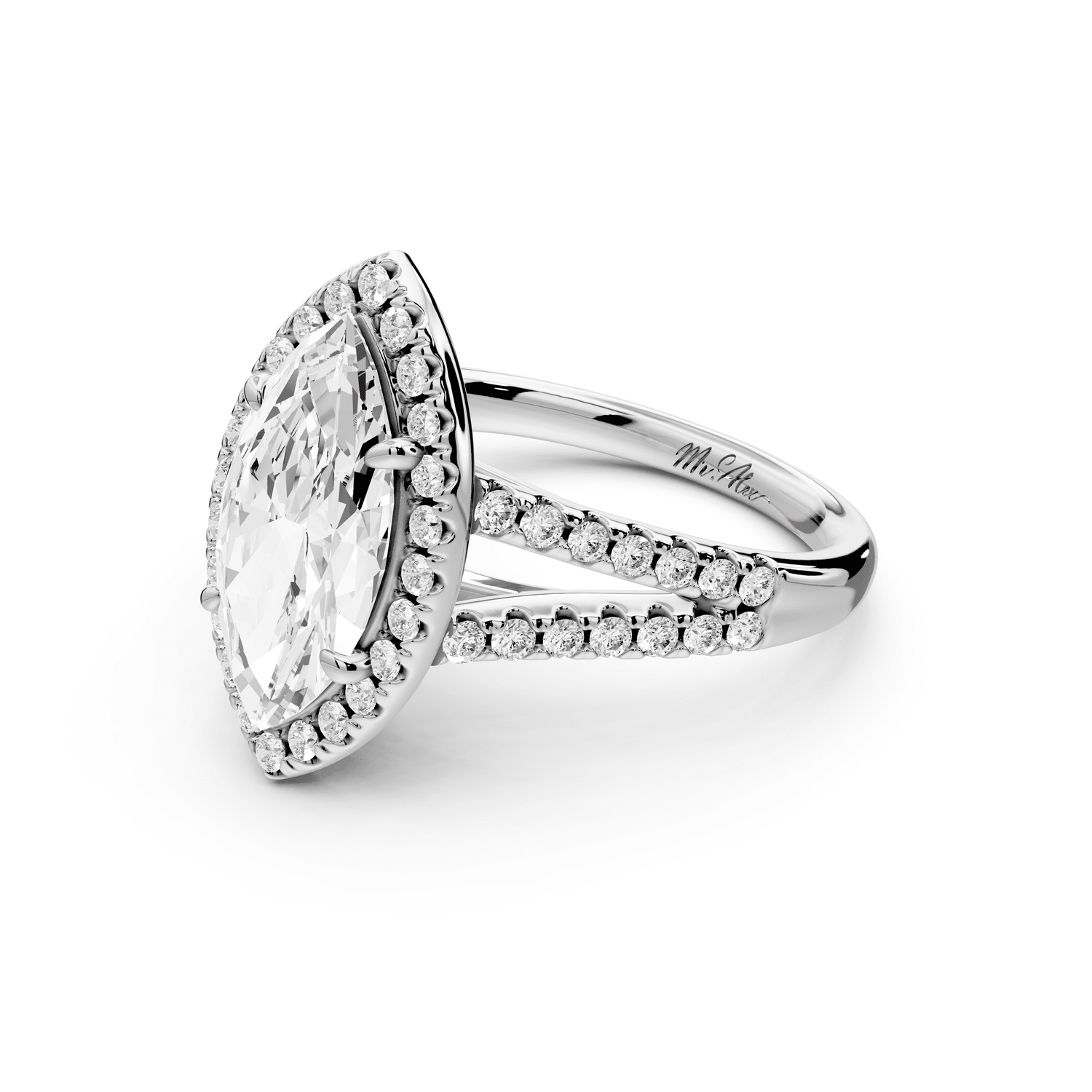 Gabrielle - 2ct 18k white gold marquise Diamond Graduated Halo Pavé Split Shank Engagement Ring - Mr. Alex Jewelry