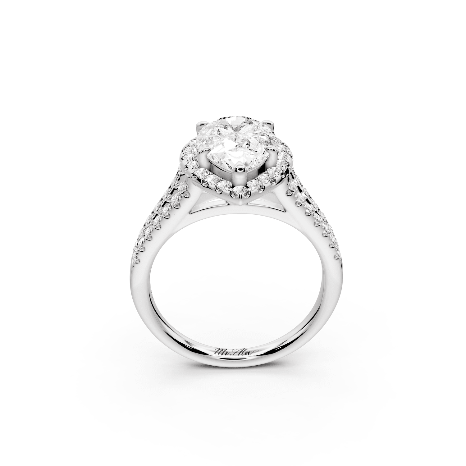 Gabrielle - 2ct 18k white gold pear Diamond Graduated Halo Pavé Split Shank Engagement Ring - Mr. Alex Jewelry