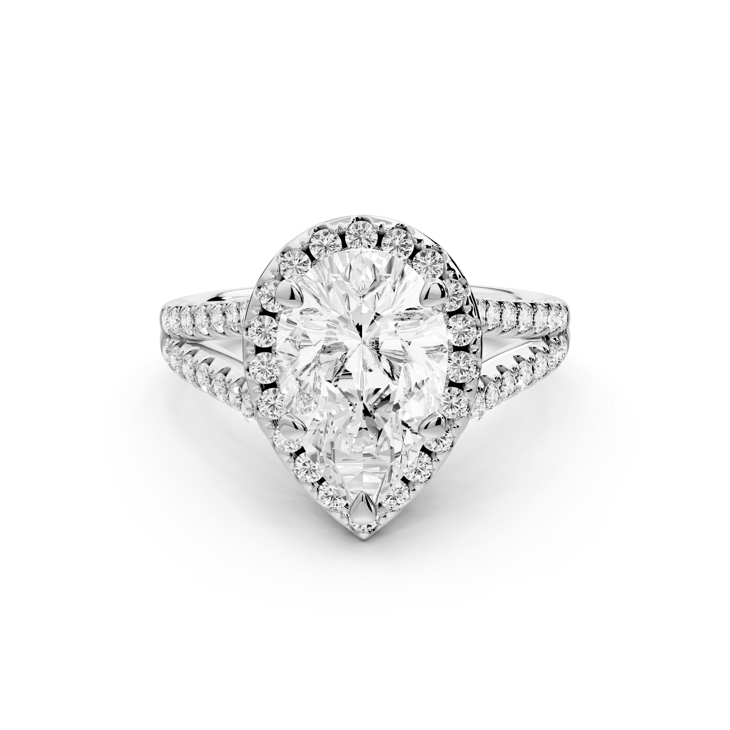 Gabrielle - 2ct 18k white gold pear Diamond Graduated Halo Pavé Split Shank Engagement Ring - Mr. Alex Jewelry