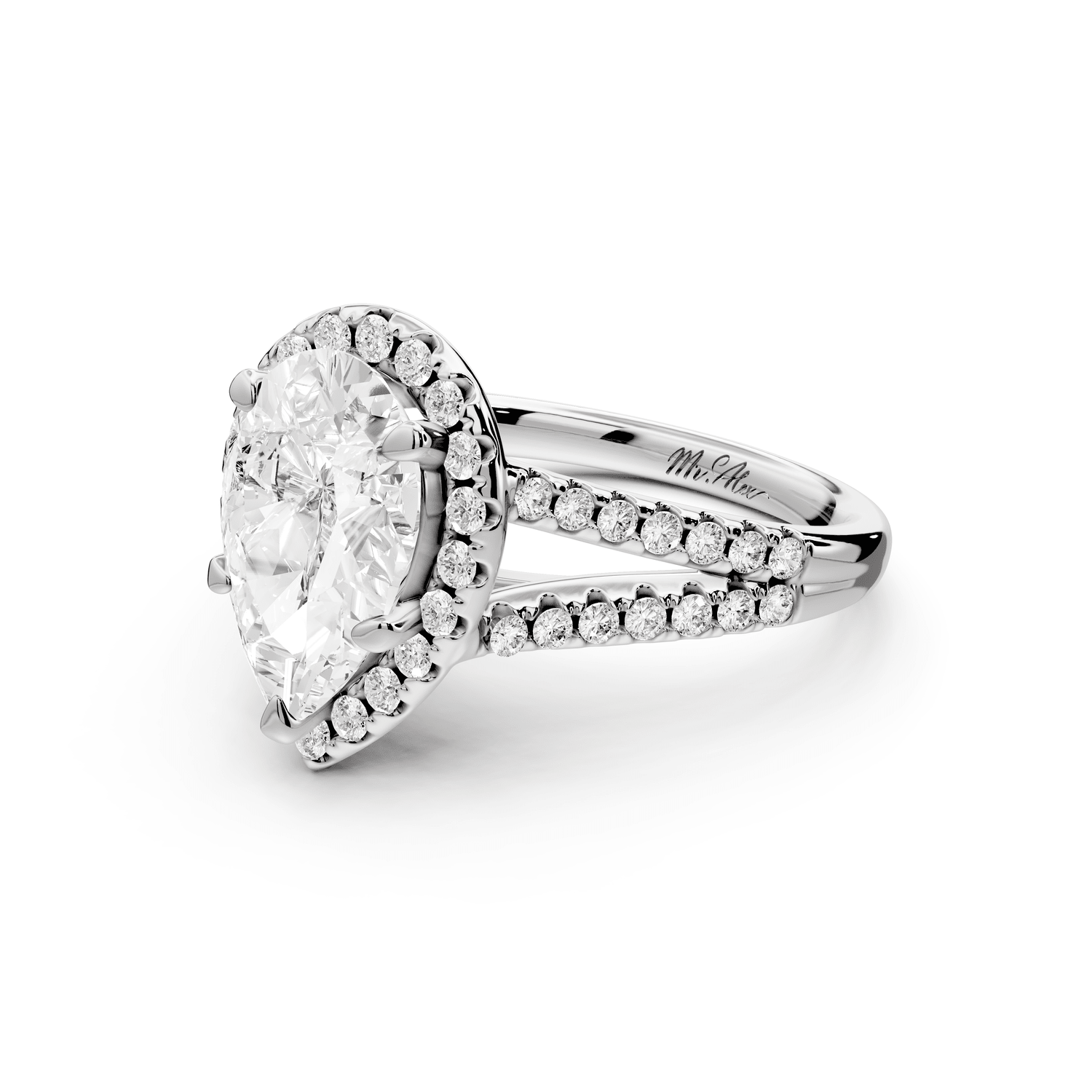 Gabrielle - 2ct 18k white gold pear Diamond Graduated Halo Pavé Split Shank Engagement Ring - Mr. Alex Jewelry
