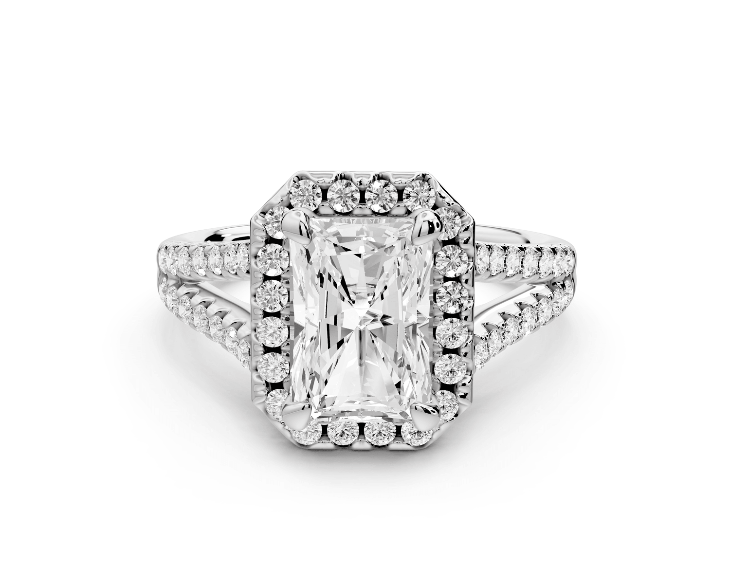 Gabrielle - 2ct 18k white gold radiant Diamond Graduated Halo Pavé Split Shank Engagement Ring - Mr. Alex Jewelry