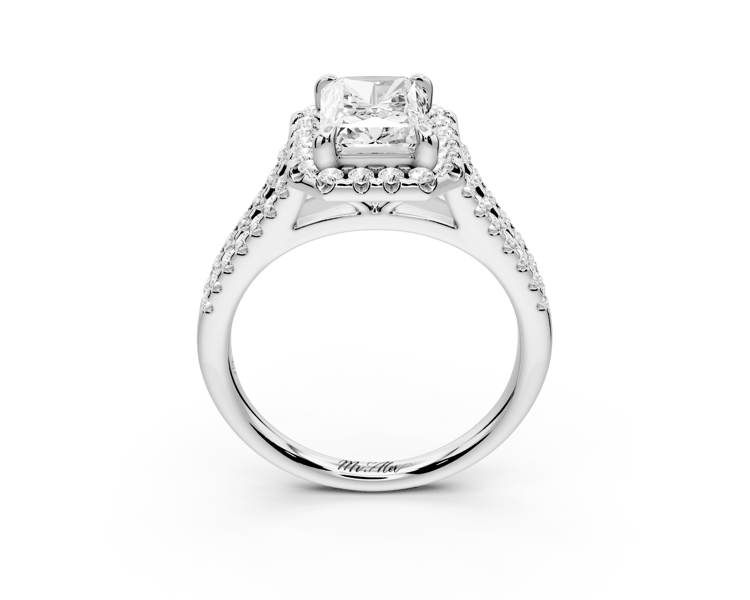 Gabrielle - 2ct 18k white gold radiant Diamond Graduated Halo Pavé Split Shank Engagement Ring - Mr. Alex Jewelry