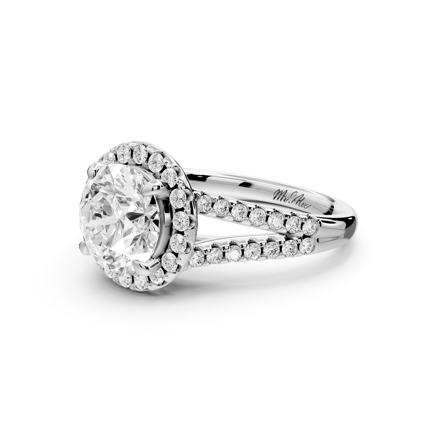 Gabrielle - 2ct 18k white gold round Diamond Graduated Halo Pavé Split Shank Engagement Ring - Mr. Alex Jewelry