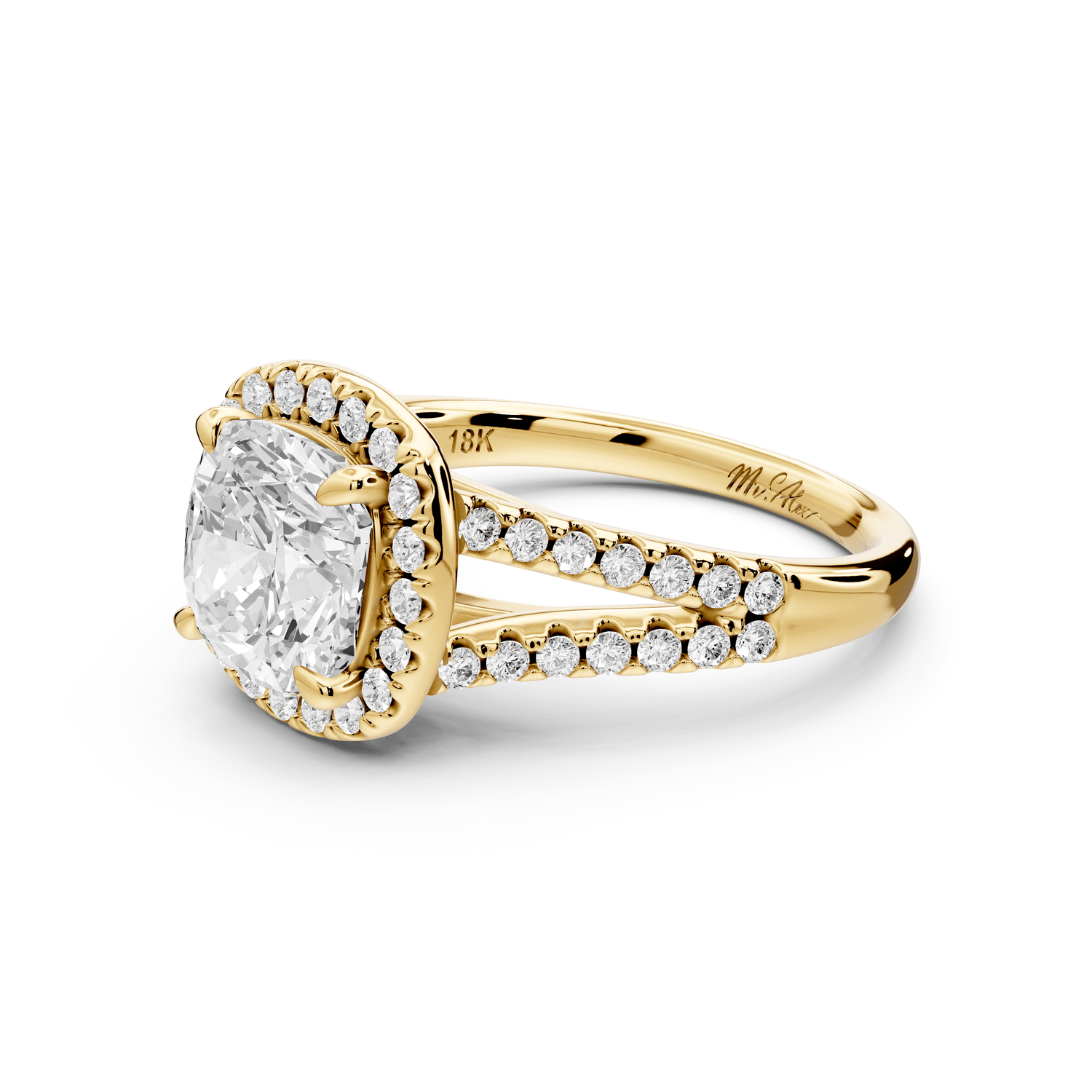 Gabrielle - 2ct 18k yellow gold cushion Diamond Graduated Halo Pavé Split Shank Engagement Ring - Mr. Alex Jewelry