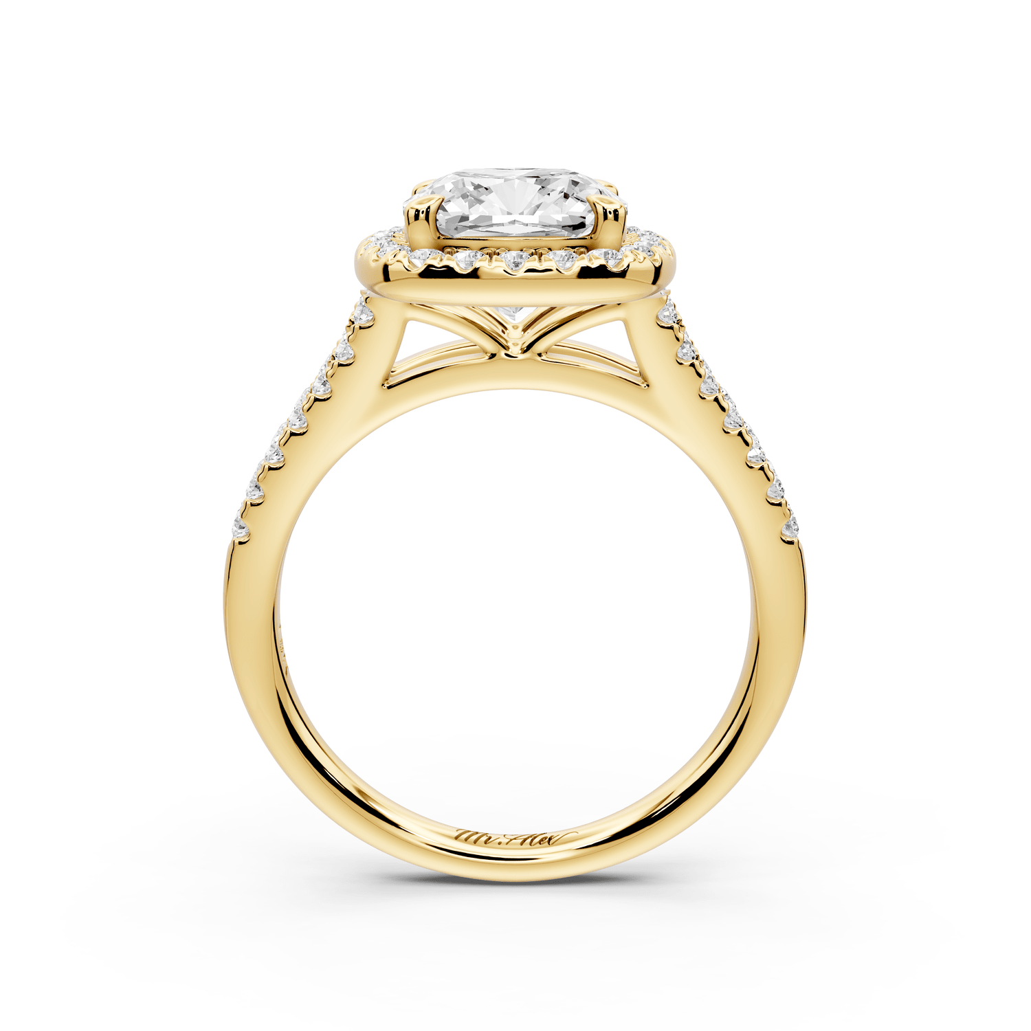 Gabrielle - 2ct 18k yellow gold cushion Diamond Graduated Halo Pavé Split Shank Engagement Ring - Mr. Alex Jewelry