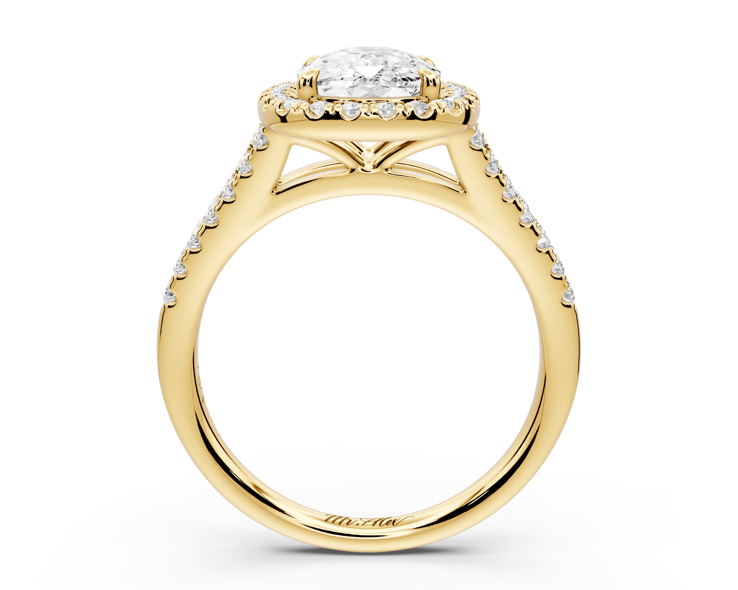 Gabrielle - 2ct 18k yellow gold ecushion Diamond Graduated Halo Pavé Split Shank Engagement Ring - Mr. Alex Jewelry