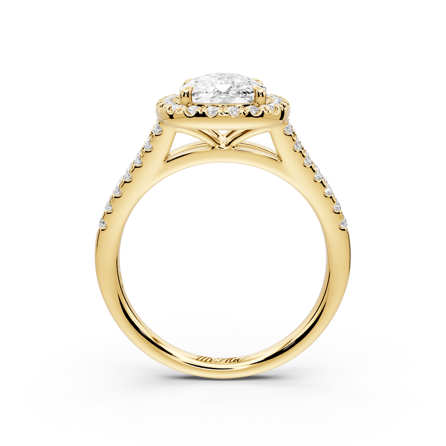 Gabrielle - 2ct 18k yellow gold ecushion Diamond Graduated Halo Pavé Split Shank Engagement Ring - Mr. Alex Jewelry
