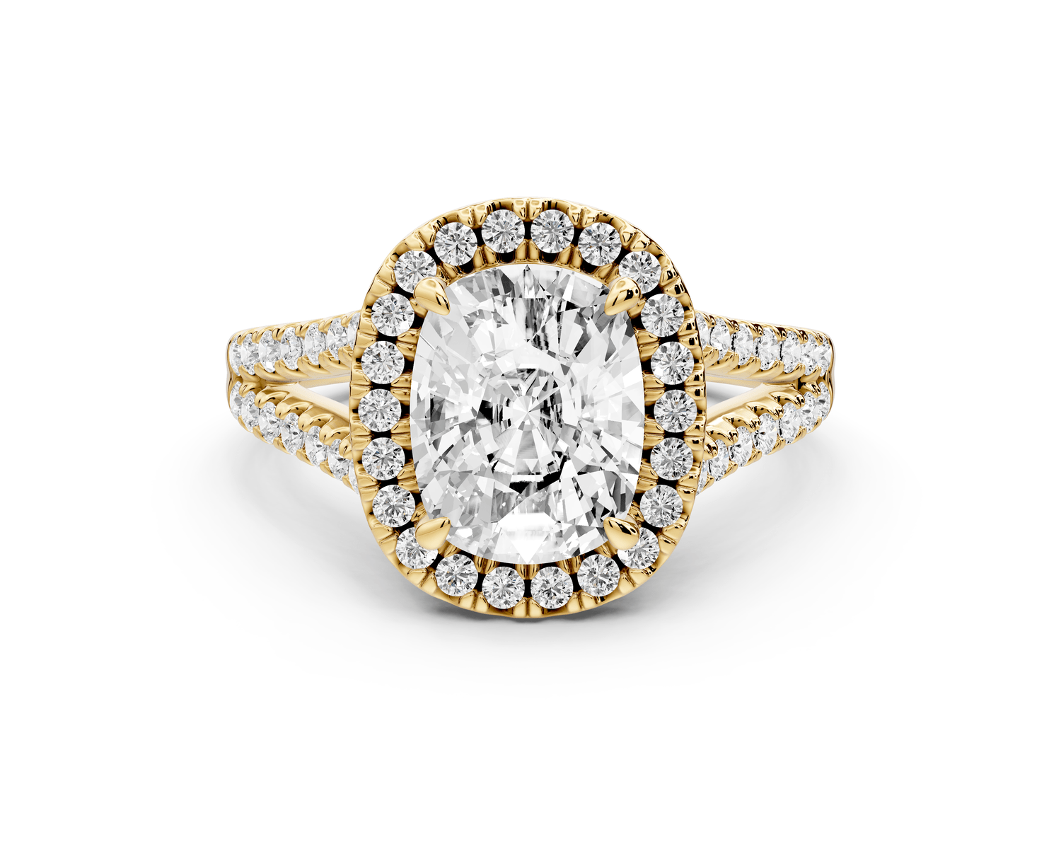 Gabrielle - 2ct 18k yellow gold ecushion Diamond Graduated Halo Pavé Split Shank Engagement Ring - Mr. Alex Jewelry