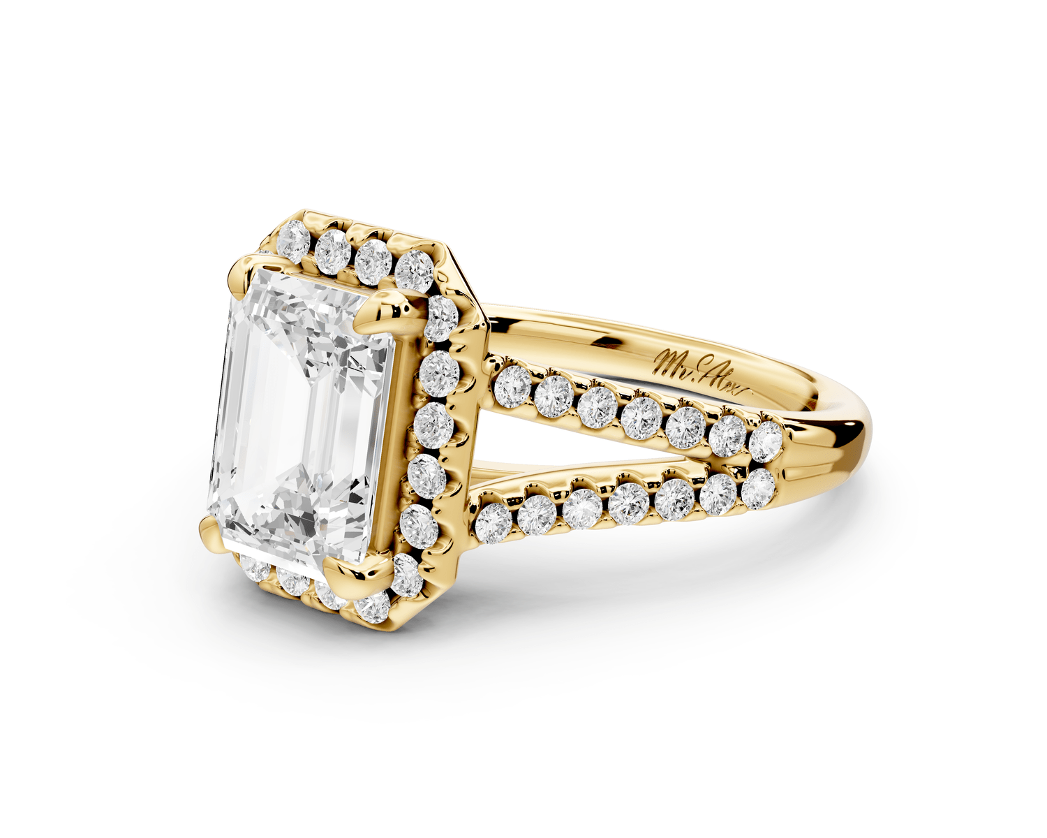 Gabrielle - 2ct 18k yellow gold emerald Diamond Graduated Halo Pavé Split Shank Engagement Ring - Mr. Alex Jewelry