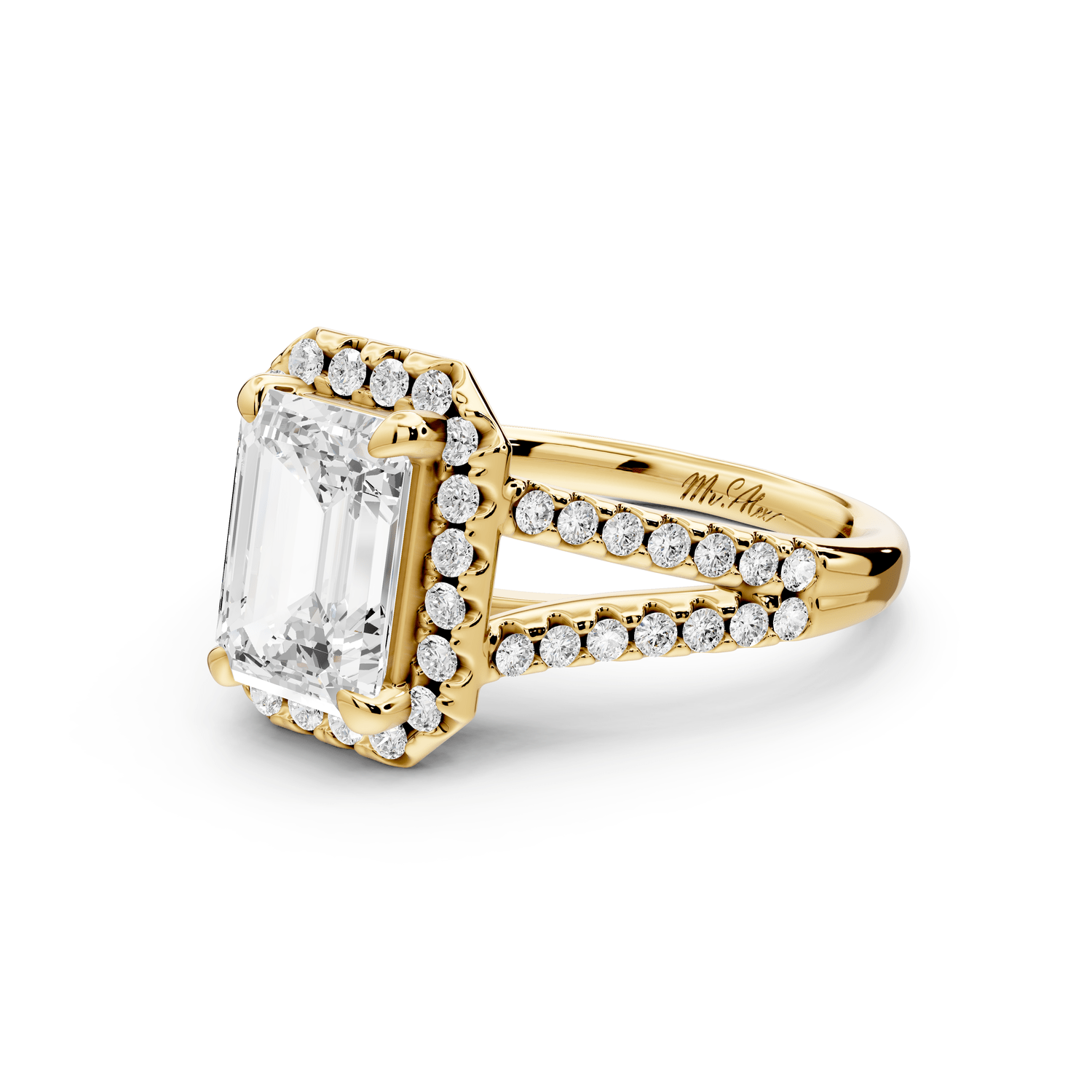 Gabrielle - 2ct 18k yellow gold emerald Diamond Graduated Halo Pavé Split Shank Engagement Ring - Mr. Alex Jewelry