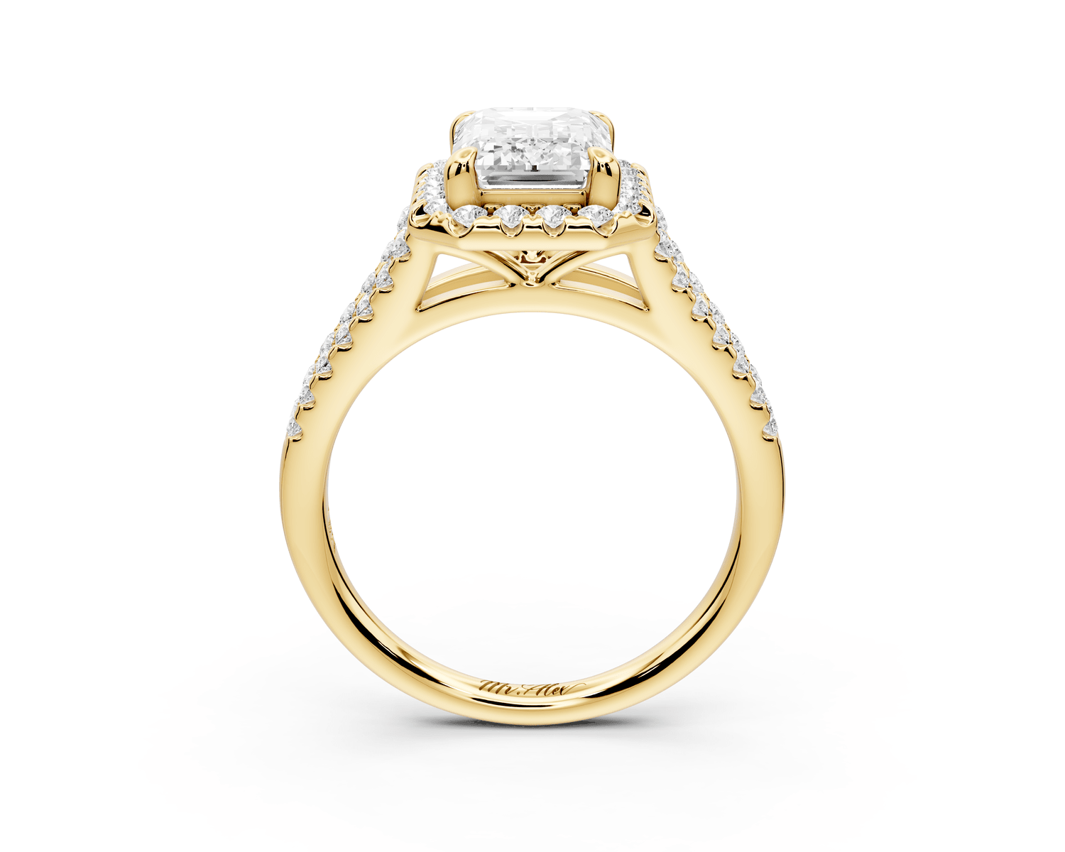 Gabrielle - 2ct 18k yellow gold emerald Diamond Graduated Halo Pavé Split Shank Engagement Ring - Mr. Alex Jewelry