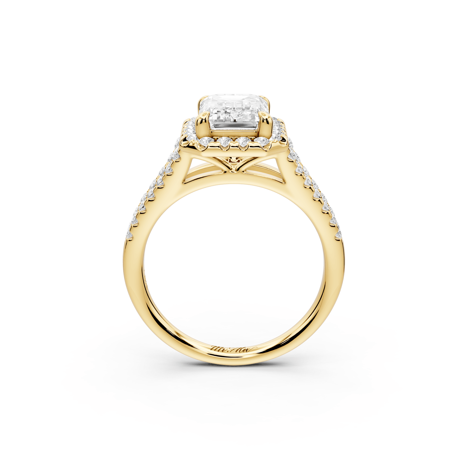 Gabrielle - 2ct 18k yellow gold emerald Diamond Graduated Halo Pavé Split Shank Engagement Ring - Mr. Alex Jewelry
