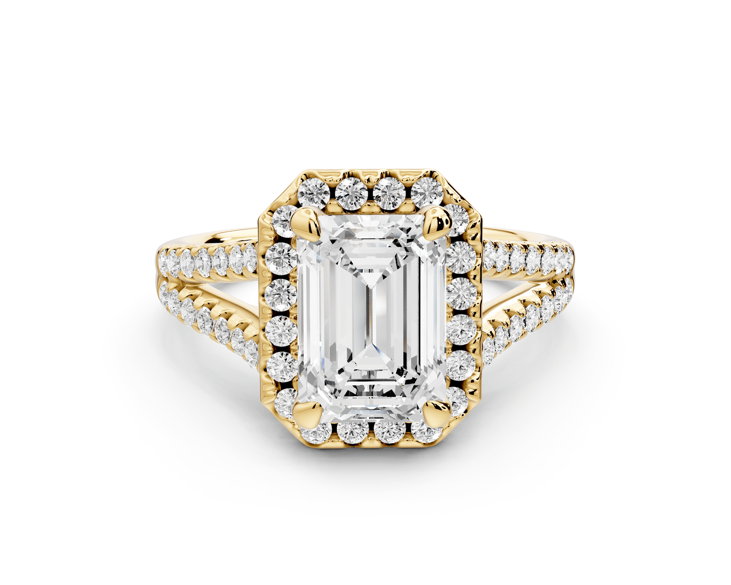 Gabrielle - 2ct 18k yellow gold emerald Diamond Graduated Halo Pavé Split Shank Engagement Ring - Mr. Alex Jewelry