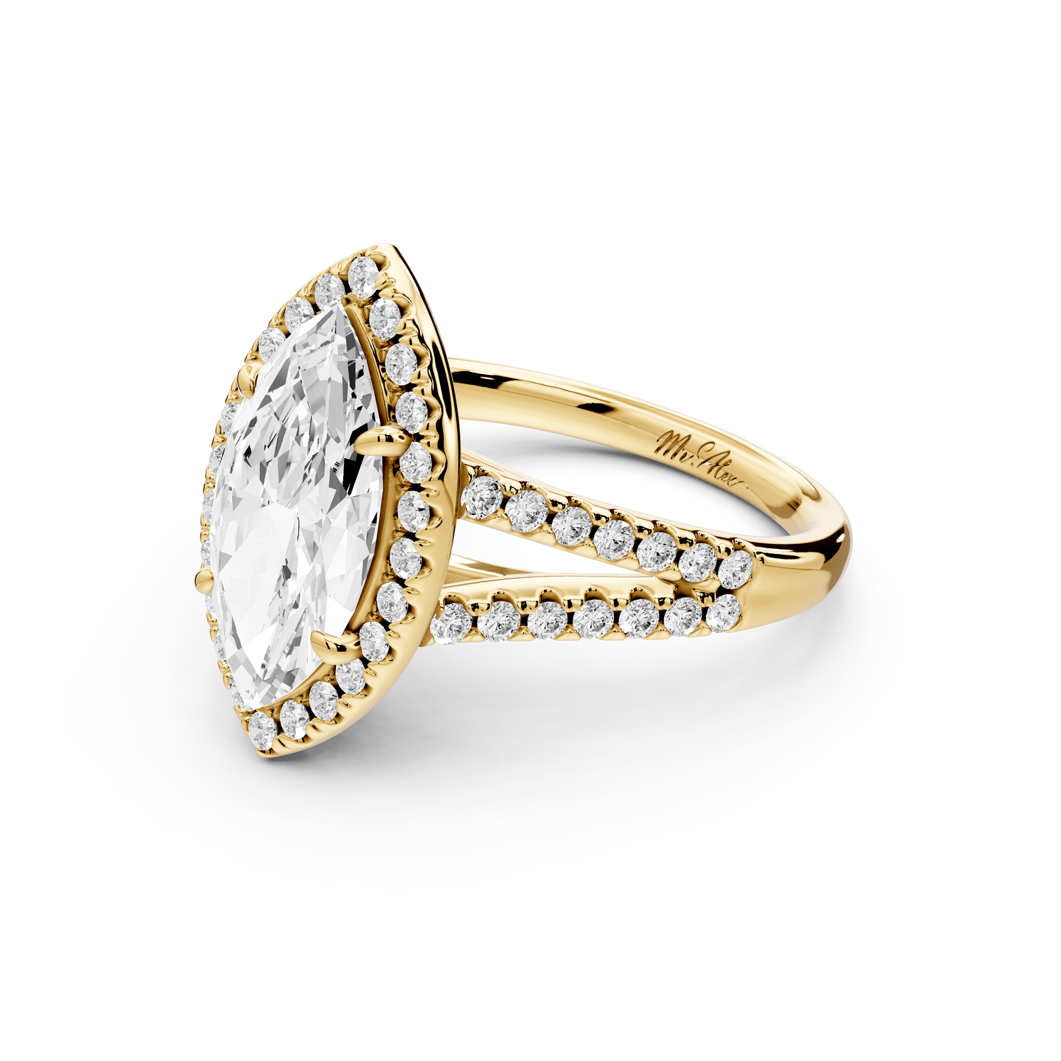 Gabrielle - 2ct 18k yellow gold marquise Diamond Graduated Halo Pavé Split Shank Engagement Ring - Mr. Alex Jewelry