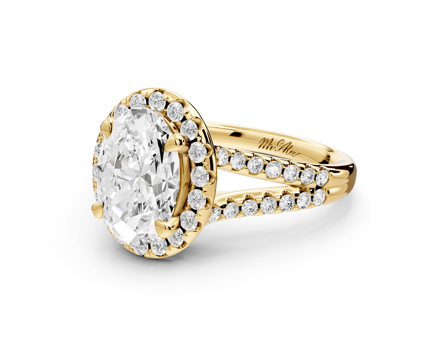 Gabrielle - 2ct 18k yellow gold oval Diamond Graduated Halo Pavé Split Shank Engagement Ring - Mr. Alex Jewelry