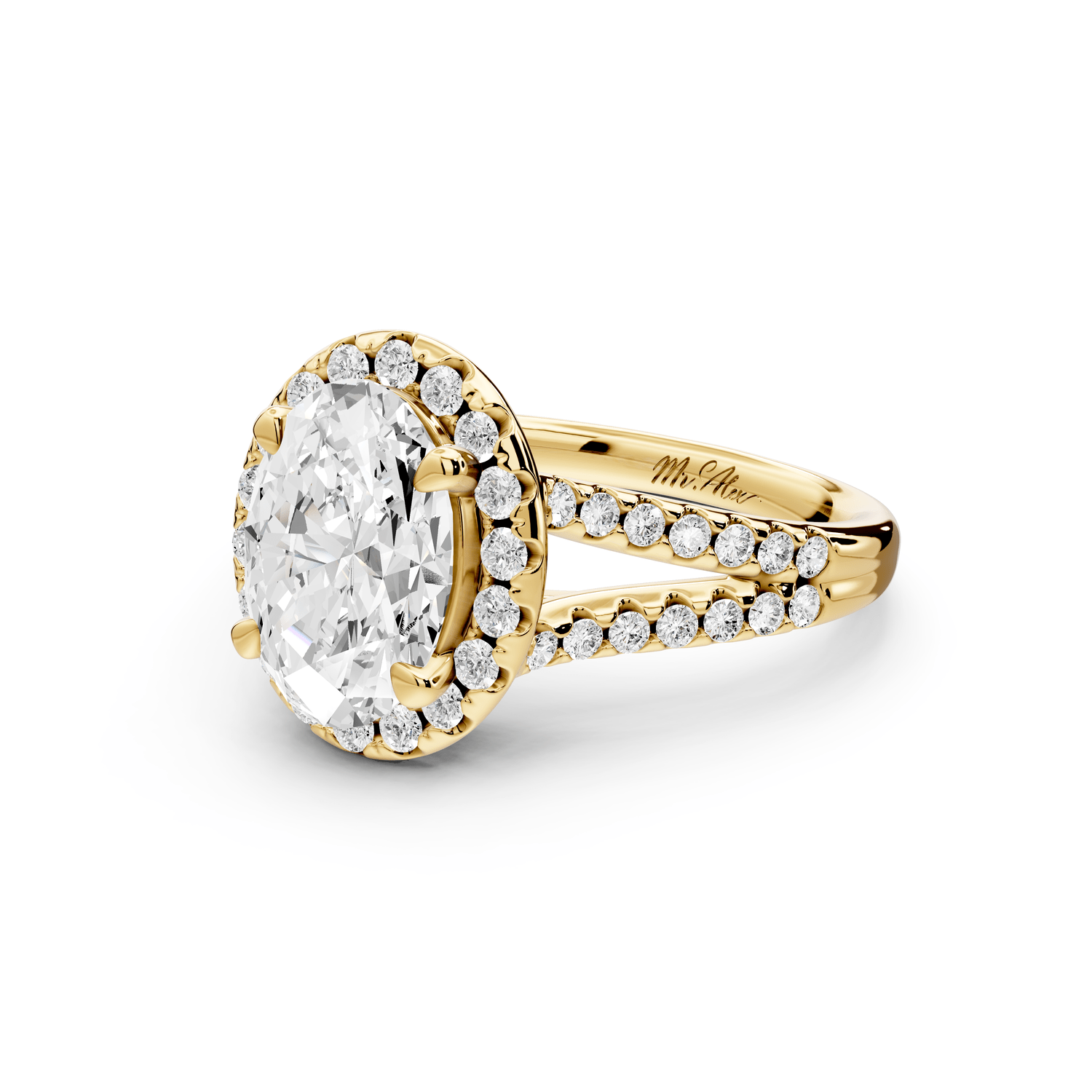Gabrielle - 2ct 18k yellow gold oval Diamond Graduated Halo Pavé Split Shank Engagement Ring - Mr. Alex Jewelry