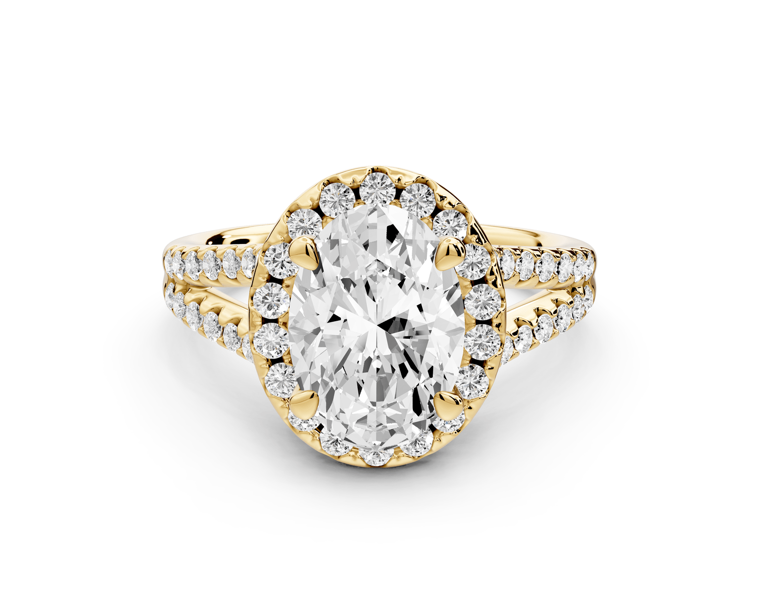 Gabrielle - 2ct 18k yellow gold oval Diamond Graduated Halo Pavé Split Shank Engagement Ring - Mr. Alex Jewelry